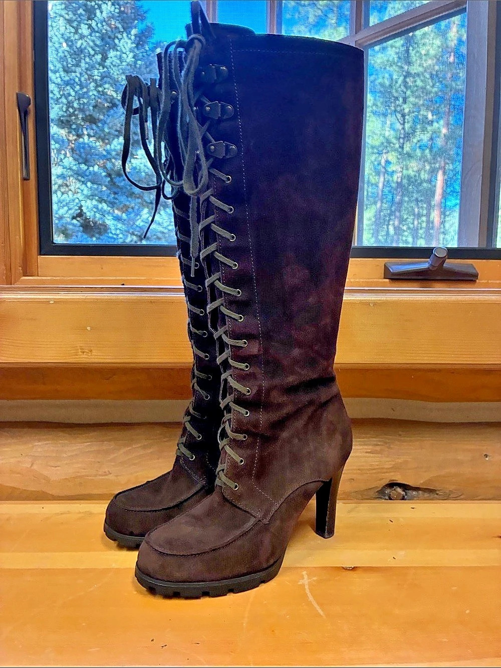 Lauren Ralph Lauren Tall Lace-Up Heeled Boots Brown US 6.5